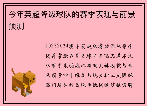 今年英超降级球队的赛季表现与前景预测